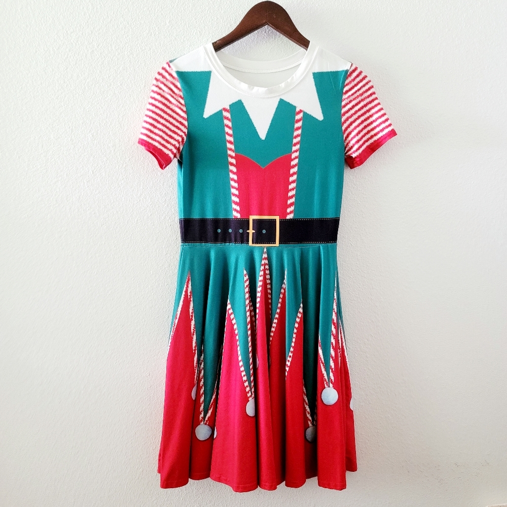 SALE! Christmas Elf dress size S green red print holiday short sleeve